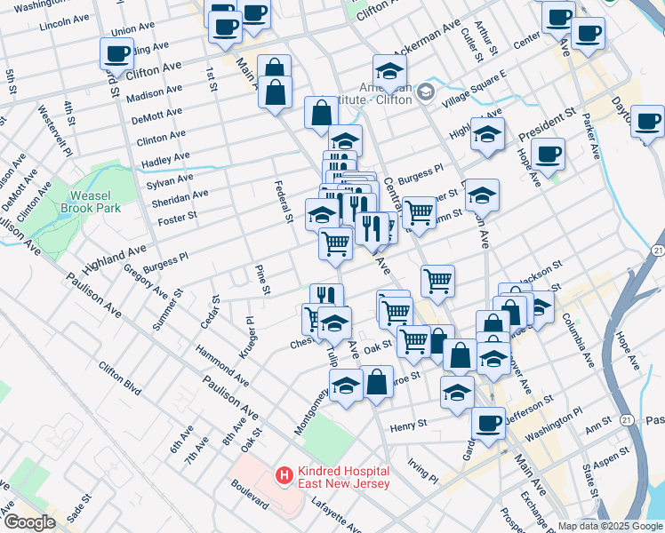 map of restaurants, bars, coffee shops, grocery stores, and more near 173 Myrtle Avenue in Passaic