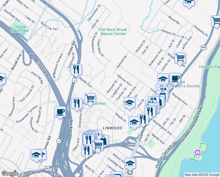 map of restaurants, bars, coffee shops, grocery stores, and more near 2455 Rossett Street in Fort Lee