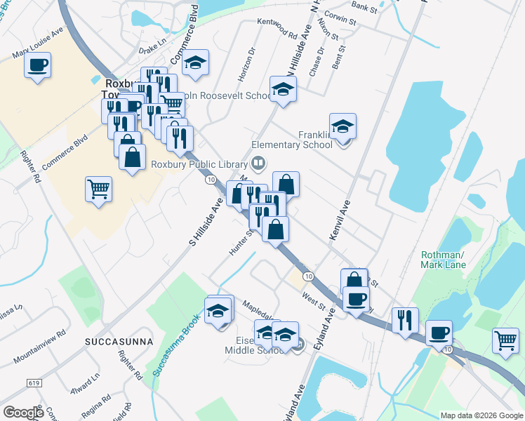map of restaurants, bars, coffee shops, grocery stores, and more near 4 Hunter Street in Roxbury Township