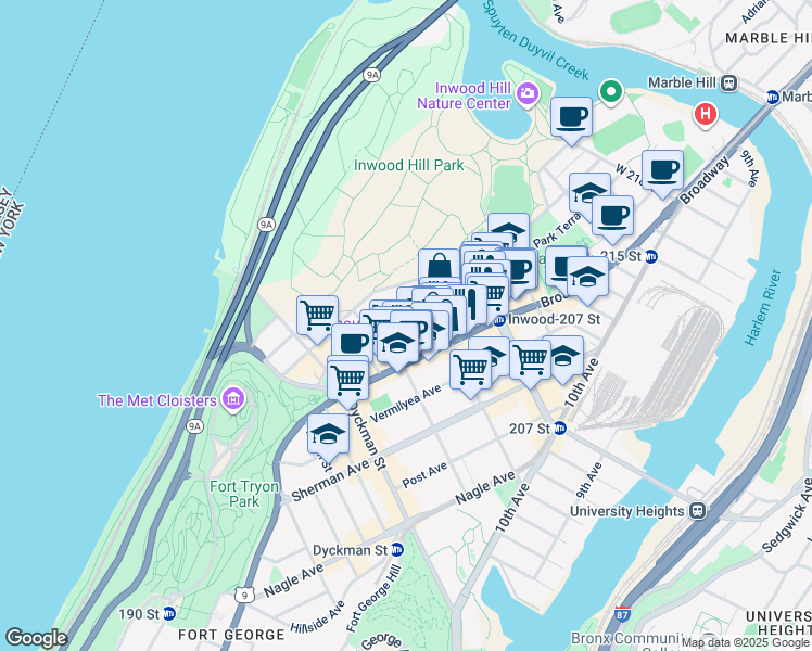 map of restaurants, bars, coffee shops, grocery stores, and more near 10 Cooper Street in New York