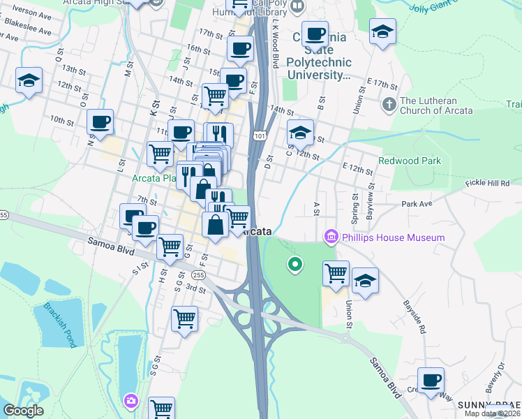 map of restaurants, bars, coffee shops, grocery stores, and more near 880 D Street in Arcata