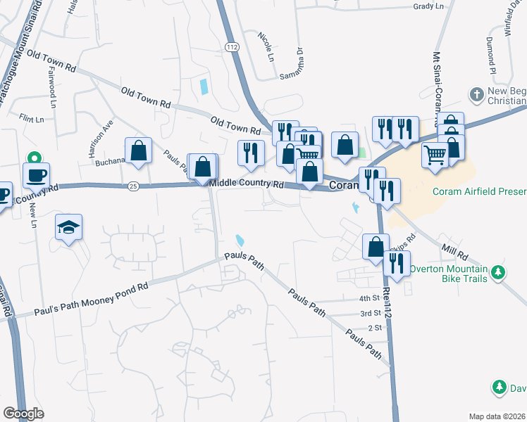 map of restaurants, bars, coffee shops, grocery stores, and more near Charles Pond Drive in Coram