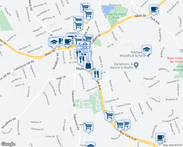 map of restaurants, bars, coffee shops, grocery stores, and more near in Huntington