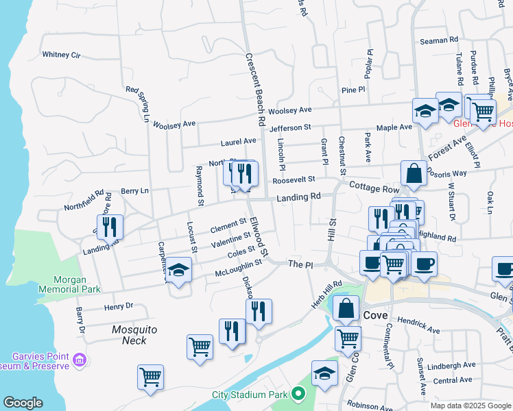 map of restaurants, bars, coffee shops, grocery stores, and more near 57 Landing Road in Glen Cove