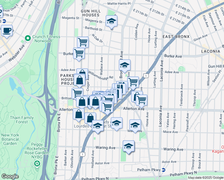 map of restaurants, bars, coffee shops, grocery stores, and more near 2766 Barnes Avenue in Bronx