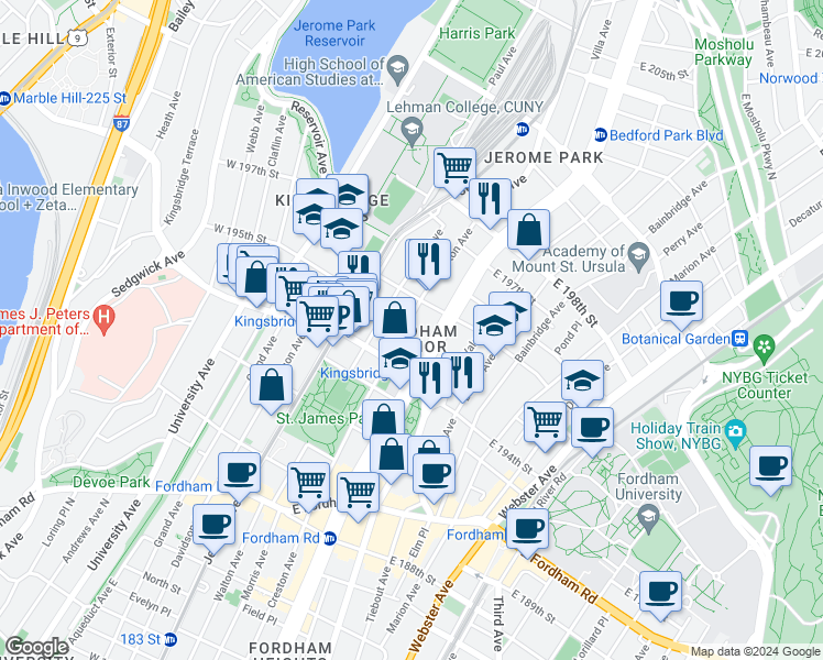 map of restaurants, bars, coffee shops, grocery stores, and more near 2692 Creston Avenue in Bronx