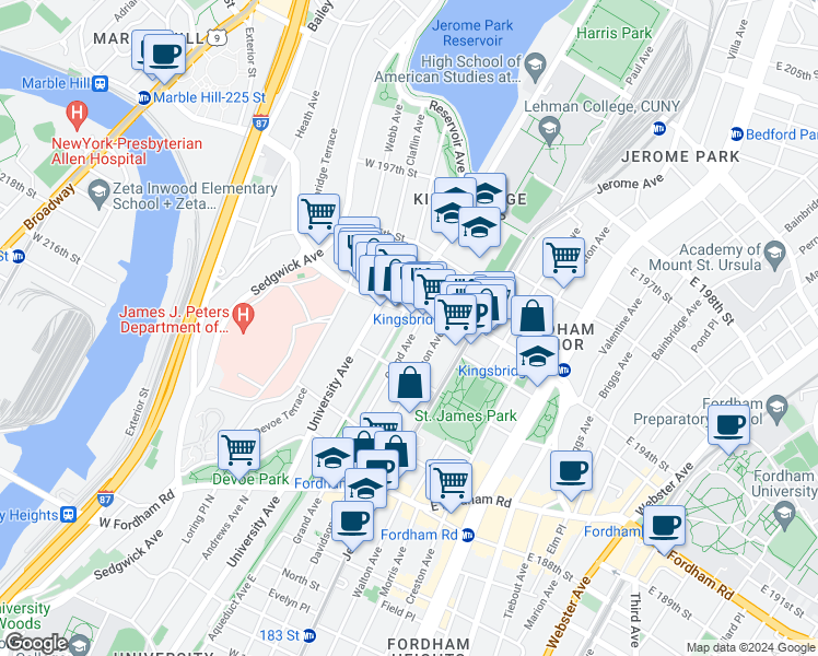 map of restaurants, bars, coffee shops, grocery stores, and more near 2621 Aqueduct Avenue West in Bronx