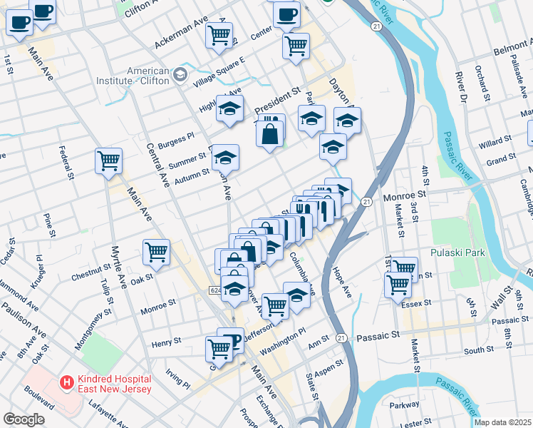 map of restaurants, bars, coffee shops, grocery stores, and more near 101 Van Buren Street in Passaic