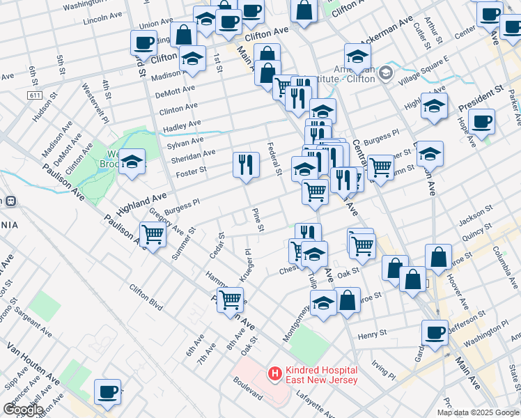 map of restaurants, bars, coffee shops, grocery stores, and more near 252 Autumn Street in Passaic