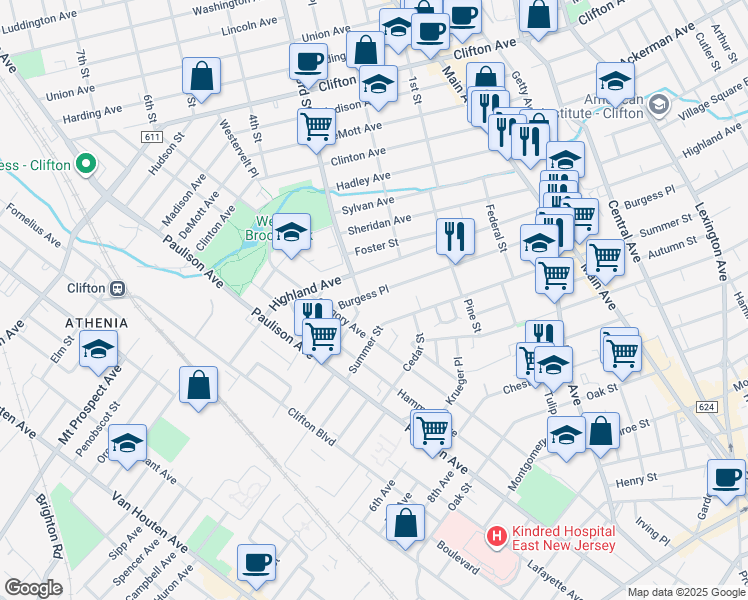 map of restaurants, bars, coffee shops, grocery stores, and more near 283 Burgess Place in Clifton