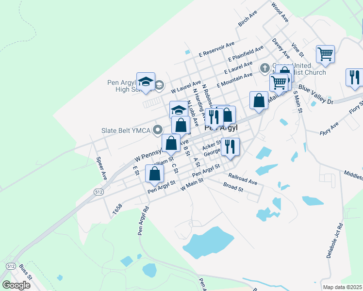 map of restaurants, bars, coffee shops, grocery stores, and more near 12 B Street in Pen Argyl