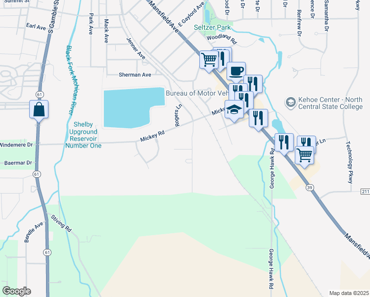 map of restaurants, bars, coffee shops, grocery stores, and more near 3 Pinewood Drive in Shelby