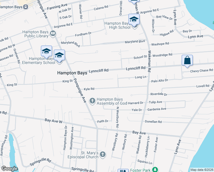 map of restaurants, bars, coffee shops, grocery stores, and more near 19 Kyle Road in Hampton Bays