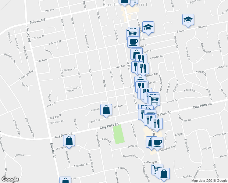 map of restaurants, bars, coffee shops, grocery stores, and more near 215 3rd Street in East Northport