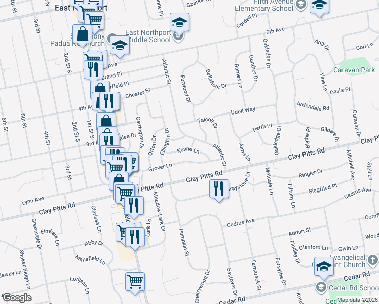 map of restaurants, bars, coffee shops, grocery stores, and more near 75 Keane Ln in East Northport