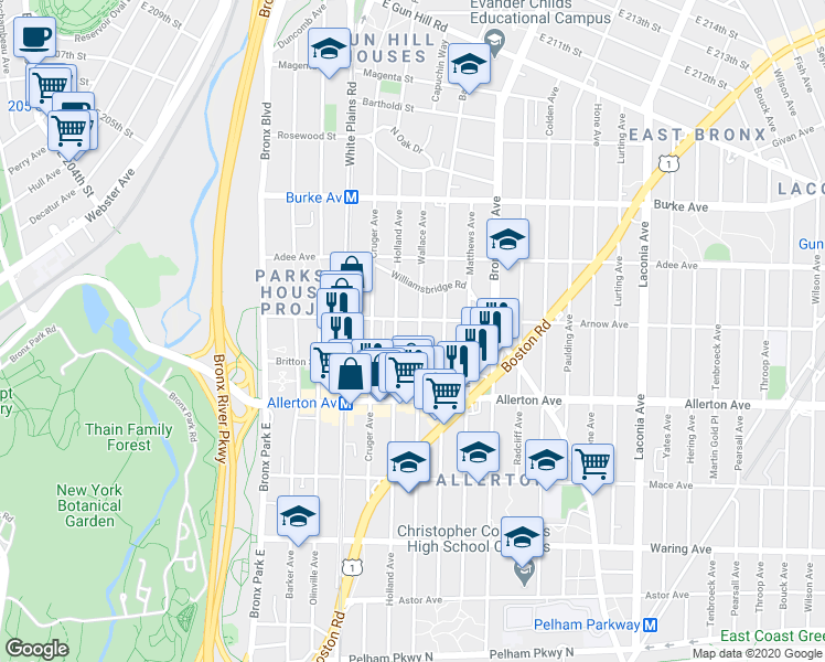 map of restaurants, bars, coffee shops, grocery stores, and more near 2755 Wallace Avenue in Bronx