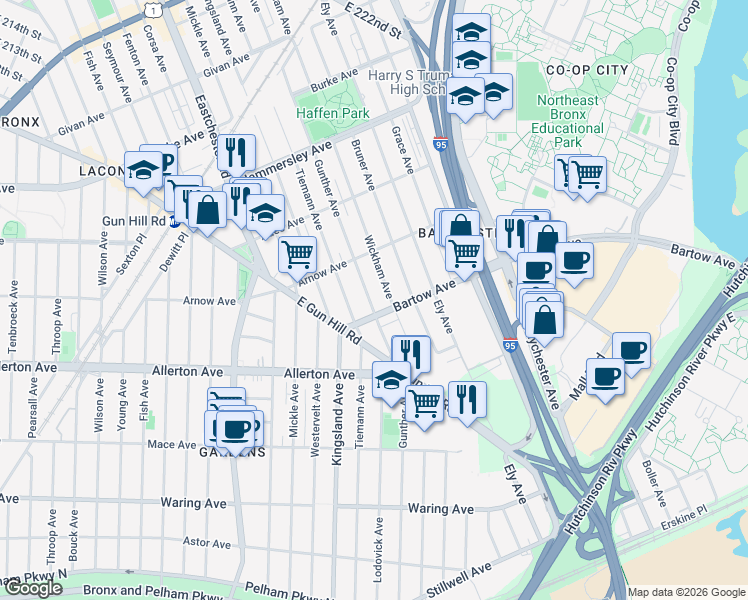 map of restaurants, bars, coffee shops, grocery stores, and more near 2810 Gunther Avenue in Bronx