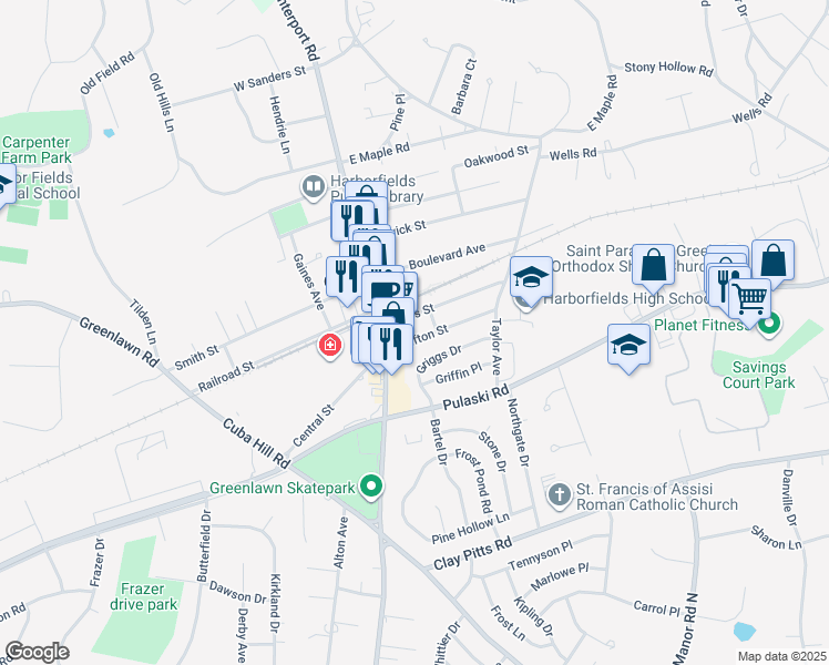 map of restaurants, bars, coffee shops, grocery stores, and more near 9 Grafton Street in Greenlawn