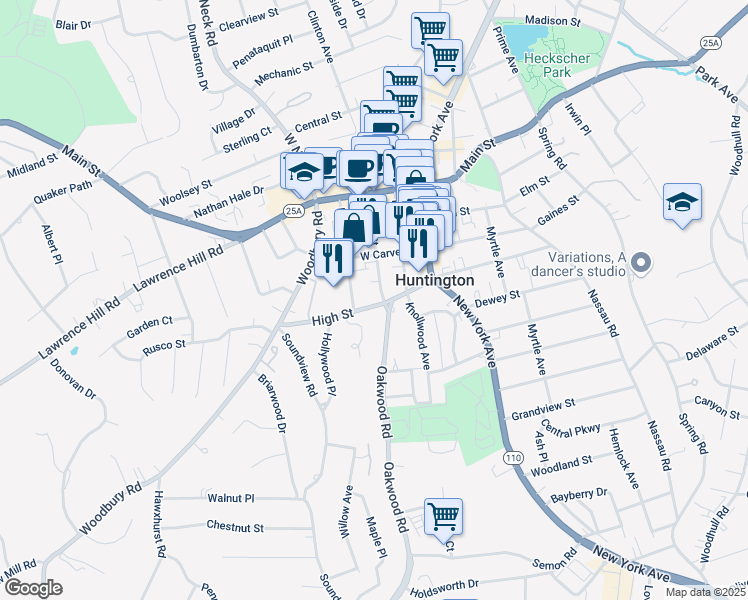 map of restaurants, bars, coffee shops, grocery stores, and more near 91 Green Street in Huntington