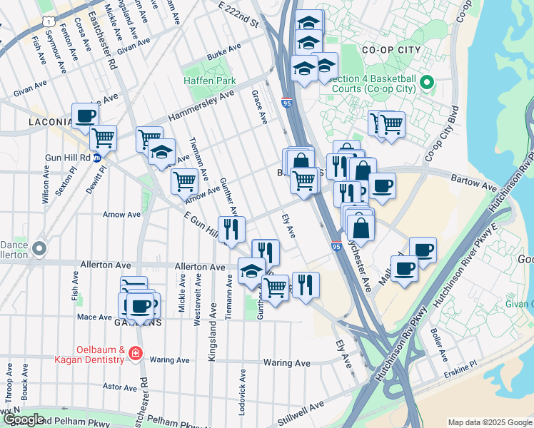 map of restaurants, bars, coffee shops, grocery stores, and more near Bartow Ave & Bruner Ave in Bronx