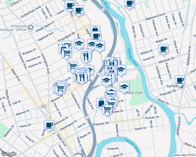 map of restaurants, bars, coffee shops, grocery stores, and more near 145 Monroe Street in Passaic