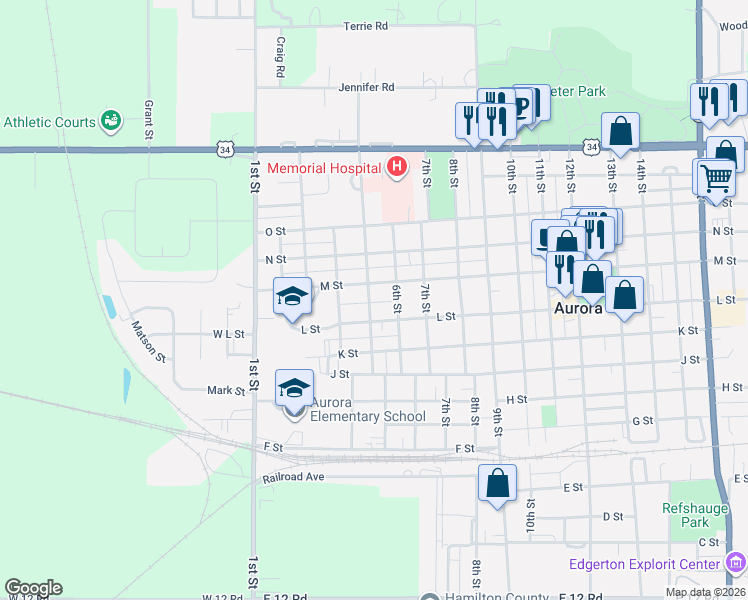 map of restaurants, bars, coffee shops, grocery stores, and more near 1116 5th Street in Aurora