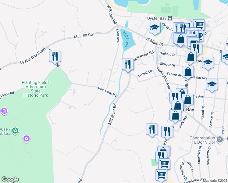 map of restaurants, bars, coffee shops, grocery stores, and more near 7 Glen Cove Road in Oyster Bay