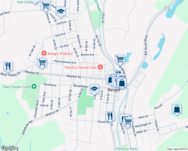 map of restaurants, bars, coffee shops, grocery stores, and more near 21 North 4th Street in Bangor