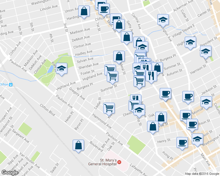 map of restaurants, bars, coffee shops, grocery stores, and more near 251 Summer Street in Passaic