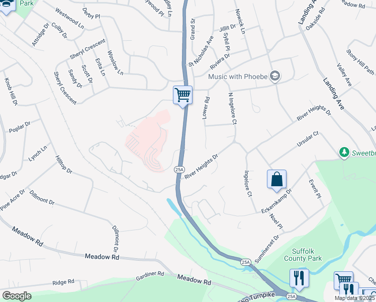 map of restaurants, bars, coffee shops, grocery stores, and more near 71 Saint Johnland Road in Smithtown