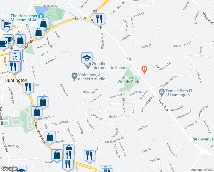 map of restaurants, bars, coffee shops, grocery stores, and more near 109 South Woodhull Road in Huntington