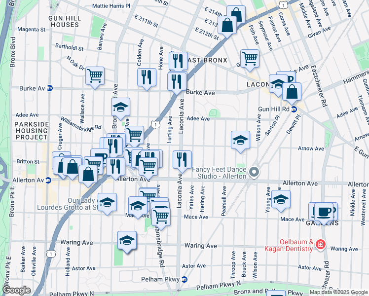 map of restaurants, bars, coffee shops, grocery stores, and more near 1100 Arnow Avenue in Bronx