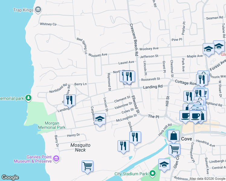map of restaurants, bars, coffee shops, grocery stores, and more near Landing Road in Glen Cove
