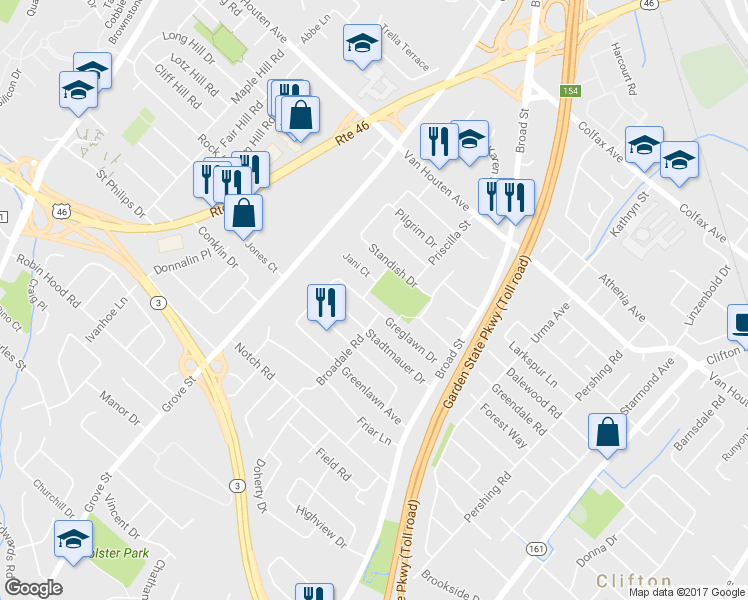 map of restaurants, bars, coffee shops, grocery stores, and more near 90 Greg Lawn Drive in Clifton
