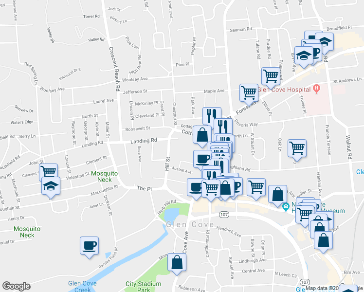 map of restaurants, bars, coffee shops, grocery stores, and more near 40 Hill Street in Glen Cove