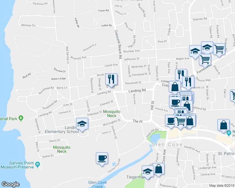 map of restaurants, bars, coffee shops, grocery stores, and more near 1-7 Ellwood Street in Glen Cove