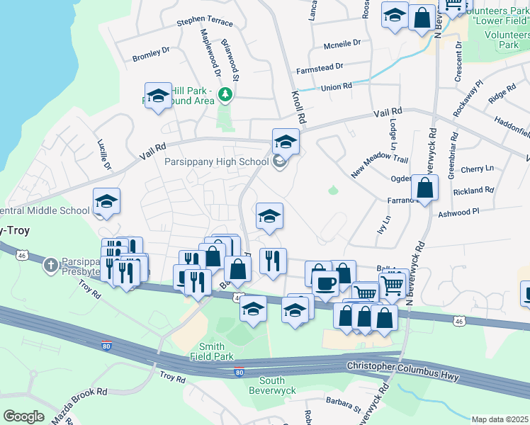 map of restaurants, bars, coffee shops, grocery stores, and more near 299 Baldwin Road in Parsippany-Troy Hills