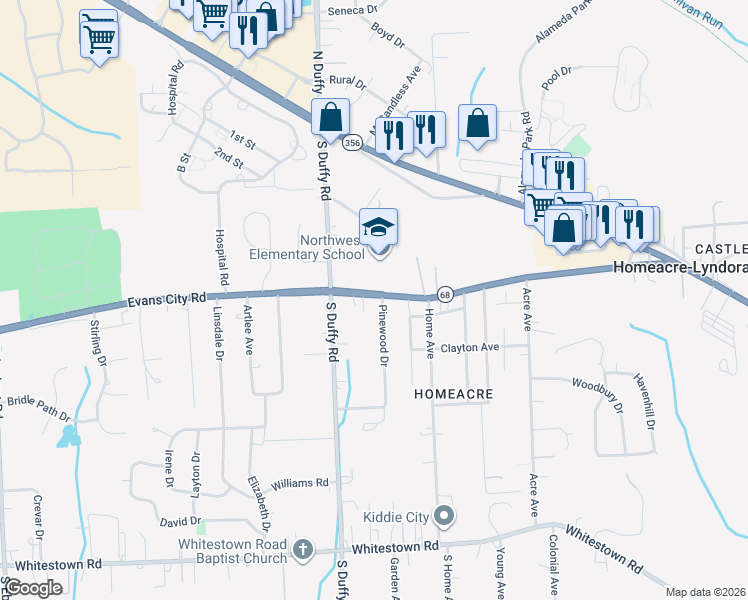 map of restaurants, bars, coffee shops, grocery stores, and more near 275 Evans City Road in Butler