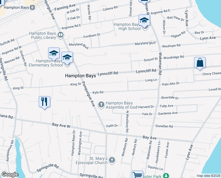 map of restaurants, bars, coffee shops, grocery stores, and more near 19 Kyle Road in Hampton Bays