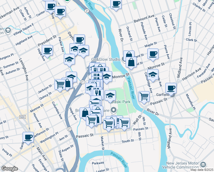 map of restaurants, bars, coffee shops, grocery stores, and more near 14 Hudson Street in Passaic