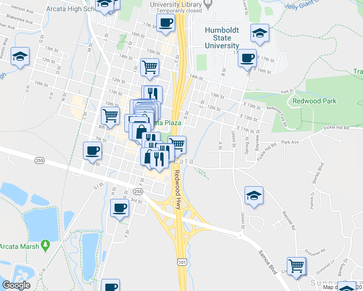 map of restaurants, bars, coffee shops, grocery stores, and more near 840 D Street in Arcata