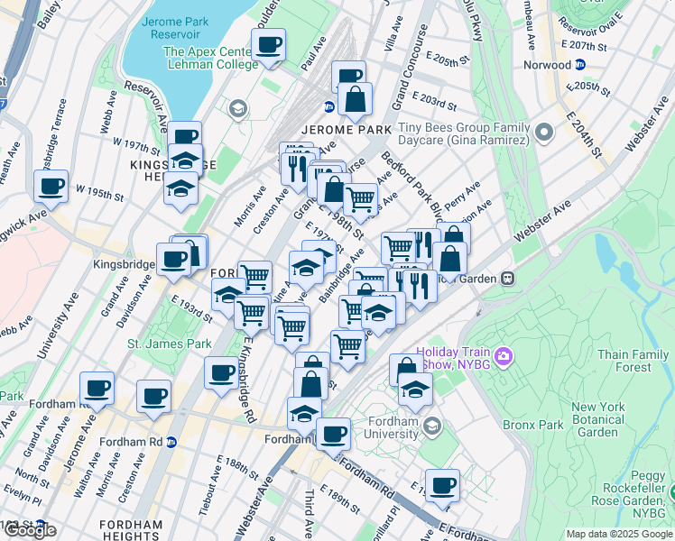 map of restaurants, bars, coffee shops, grocery stores, and more near 2771 Bainbridge Avenue in The Bronx