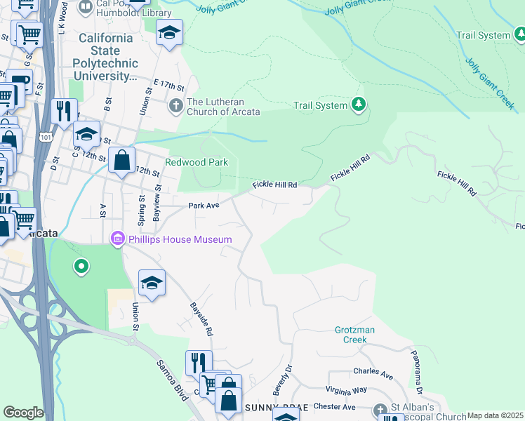 map of restaurants, bars, coffee shops, grocery stores, and more near 741 Park Avenue in Arcata