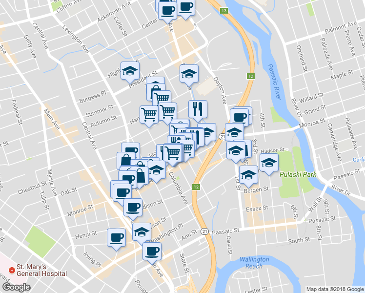 map of restaurants, bars, coffee shops, grocery stores, and more near 44 Quincy Street in Passaic