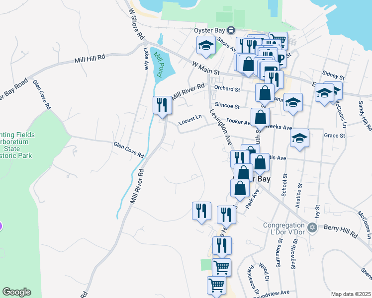 map of restaurants, bars, coffee shops, grocery stores, and more near 19 Centre View Drive in Oyster Bay