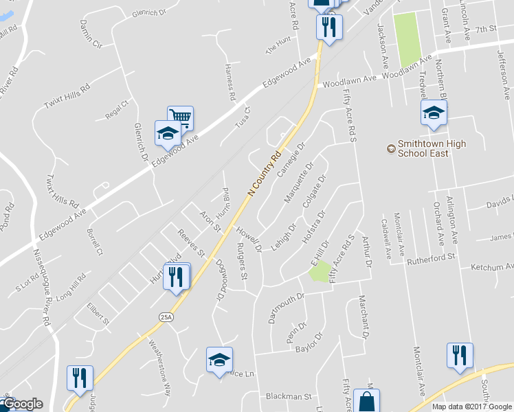 map of restaurants, bars, coffee shops, grocery stores, and more near 12 Carnegie Drive in Smithtown