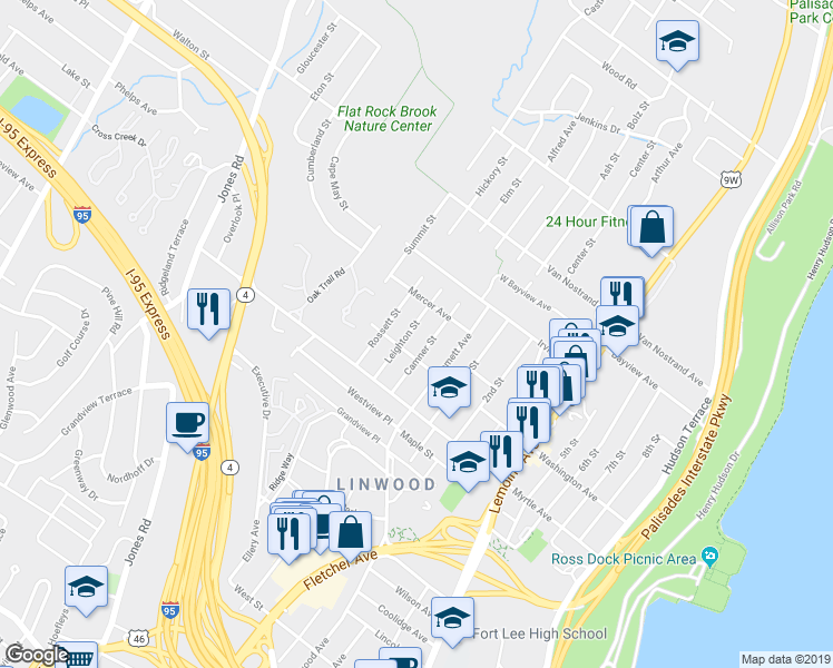map of restaurants, bars, coffee shops, grocery stores, and more near 2452A Leighton Street in Fort Lee