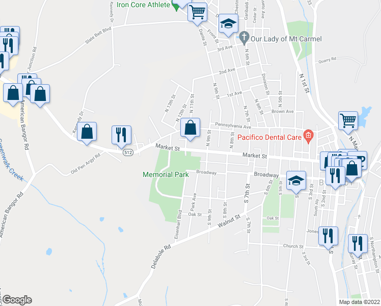 map of restaurants, bars, coffee shops, grocery stores, and more near 888 Market Street in Bangor
