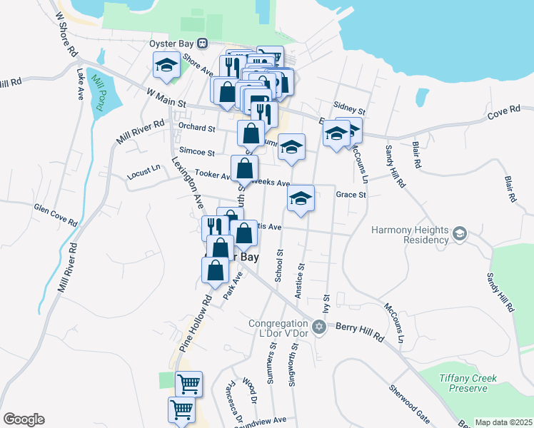 map of restaurants, bars, coffee shops, grocery stores, and more near 49 Kellogg Street in Oyster Bay