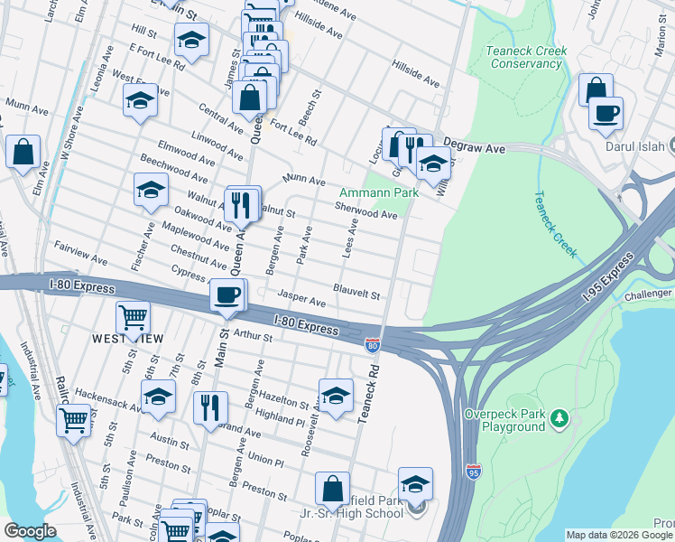 map of restaurants, bars, coffee shops, grocery stores, and more near 84 Maple Street in Teaneck